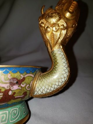 Chinese Cloisonne over Brass Statue Dragon Dish /w Lid Turtle Knob Handle 7