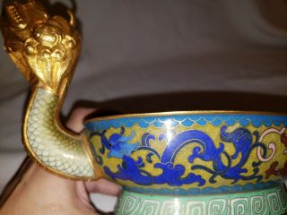 Chinese Cloisonne over Brass Statue Dragon Dish /w Lid Turtle Knob Handle 8