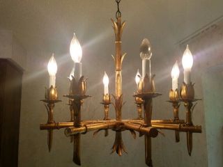 Vintage Gilt Gold Hollywood Regency Mid Century Metal Bamboo Smaller Chandelier