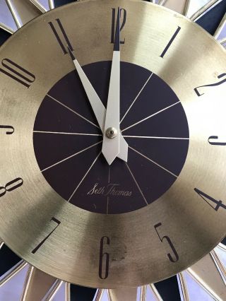 Seth Thomas Wall Clock Mid Century Modern Teak Starburst VTG StarFlower E899 - 410 7