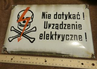 Old Ww2 Polish Electrified Fence Porcelain Sign Skull Crossbones