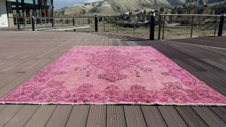 Antique Cr1930 - 1939s Wool Pile Overdyed Pink Oushak Rug Designer Qlty 7x10ft