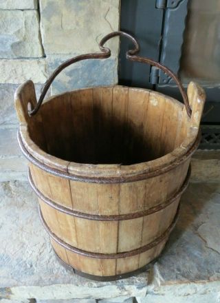 Refinished Primitive Wooden Antique Well,  Water Bucket,  12 " Tall,  Farm,  Rustic