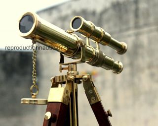 Antique Brass Spyglass Telescope With Wooden Tripod Marine Scope