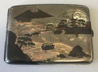 Art Deco Japanese Cigarette Card Case Multi Coloured Silver Mount Fuji