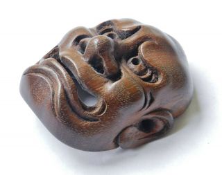 Antique Japanese Boxwood Netsuke Okimono Noh Oni Demon Mask Kabuki Face 2