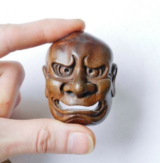 Antique Japanese Boxwood Netsuke Okimono Noh Oni Demon Mask Kabuki Face 5