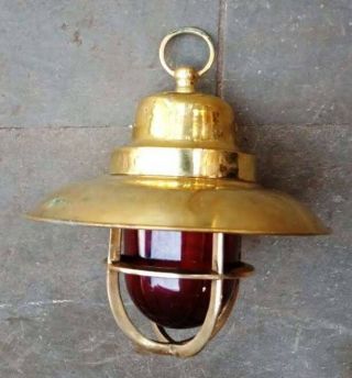 Vintage Nautical Marine Brass Hanging Light With Deflector Cover With Red Globe