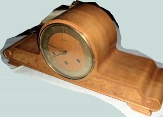 Vintage Blonde Hardwood Chiming Junghans Mantel Clock,  Art Deco,  Retro,  Germany