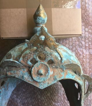 Antique Chinese Bronze Warrior Helmet With Decoration