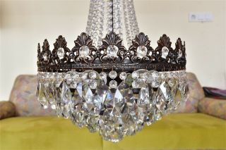 Antique Vintage French Basket Crystal Chandelier Brass Ceiling Lamp 16  DIAMETR 10