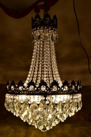Antique Vintage French Basket Crystal Chandelier Brass Ceiling Lamp 16  Diametr