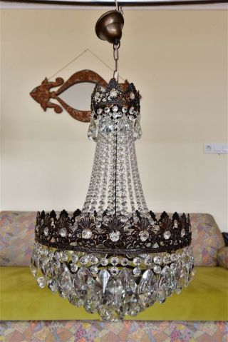 Antique Vintage French Basket Crystal Chandelier Brass Ceiling Lamp 16  DIAMETR 4