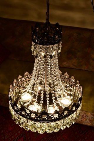 Antique Vintage French Basket Crystal Chandelier Brass Ceiling Lamp 16  DIAMETR 6