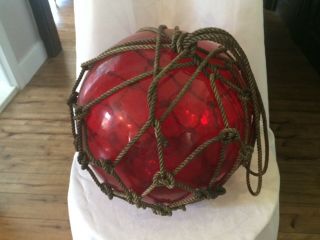 Vintage Red 39” Circum.  Japanese Xl Glass Fishing Float Buoy Ball Roped Net