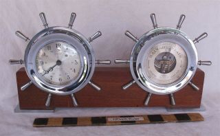 Vtg Salem Microtron 13 Jewel Mantle Clock Swiss Made & Barometer Nautical Ships