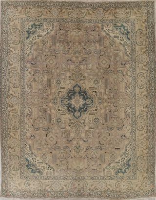 Antique Pale Taupe Purple Geometric Muted Persian Distressed Area Rug Wool 10x13