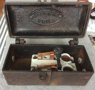 Antique J.  F Burns Cast Iron Fuse Box Porcelain Copper Tem Knife Switch Steampunk