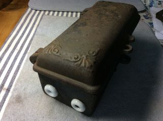 Antique J.  F BURNS Cast Iron Fuse Box Porcelain Copper TEM Knife Switch Steampunk 8