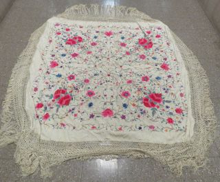 Vintage Chinese Hand Embroidered Cream,  Green,  Pink & Yellow Floral Silk Shawl.