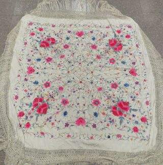 Vintage Chinese Hand Embroidered Cream,  Green,  Pink & Yellow Floral Silk Shawl. 2