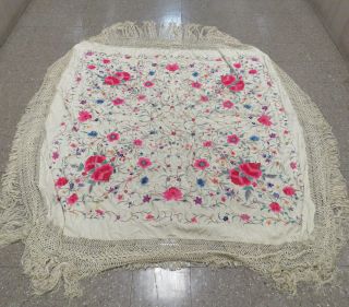 Vintage Chinese Hand Embroidered Cream,  Green,  Pink & Yellow Floral Silk Shawl. 3