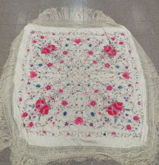 Vintage Chinese Hand Embroidered Cream,  Green,  Pink & Yellow Floral Silk Shawl. 4