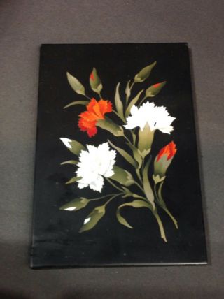 Pietra Dura Plaque.  Antique.  7 X 4 3/4 ".  Red White Carnations.