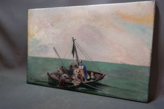 Antique DYING CAPTAIN Old SEASCAPE Ship MARITIME Life Boat SHIPWRECK PAINTING 11