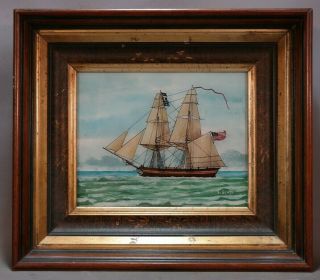 19thc Style American Frigate Antique Clipper Ship Old Seascape Painting On Glass