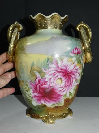 Antique Vtg Nippon Porcelain 2 Handle Floral Scenic Gilt Vase Japan