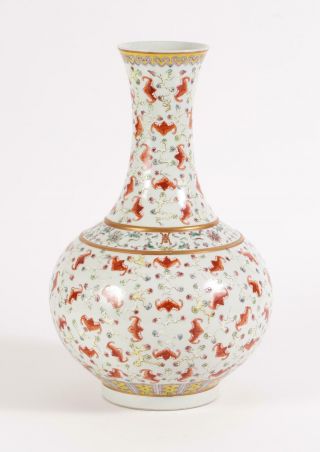 Chinese Porcelain Bottle Vase With Iron Red Bats And Overglaze Decoration