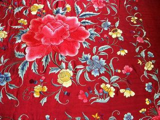 Chinese Silk Embroidered Piano Shawl Floral Peonies Vivid Colors Old 10