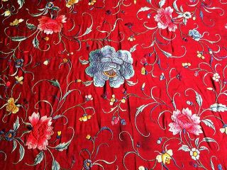 Chinese Silk Embroidered Piano Shawl Floral Peonies Vivid Colors Old 11