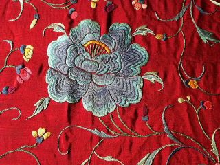 Chinese Silk Embroidered Piano Shawl Floral Peonies Vivid Colors Old 12