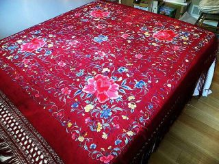 Chinese Silk Embroidered Piano Shawl Floral Peonies Vivid Colors Old