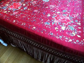Chinese Silk Embroidered Piano Shawl Floral Peonies Vivid Colors Old 2