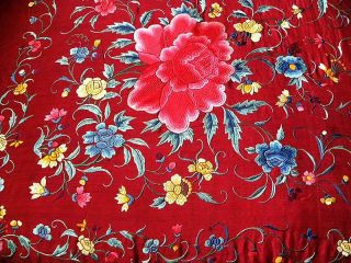 Chinese Silk Embroidered Piano Shawl Floral Peonies Vivid Colors Old 5