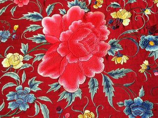 Chinese Silk Embroidered Piano Shawl Floral Peonies Vivid Colors Old 6