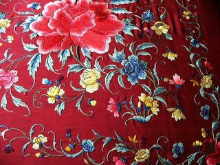 Chinese Silk Embroidered Piano Shawl Floral Peonies Vivid Colors Old 7