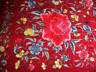 Chinese Silk Embroidered Piano Shawl Floral Peonies Vivid Colors Old 8