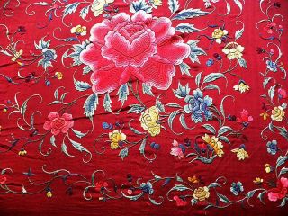 Chinese Silk Embroidered Piano Shawl Floral Peonies Vivid Colors Old 9