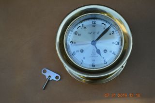 A.  C.  E.  Brass 8 Day 11 Jewel Ship Clock Bell Strike W/ Key Clocks Weights 6 Lbs