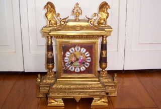 Antique Achille Brocot French Ormolu & Porcelain Mantel Clock With Griffins