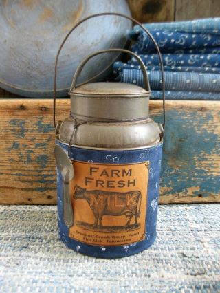 Small Early Antique Dark Tin Cream Can Blue Calico Buttermilk