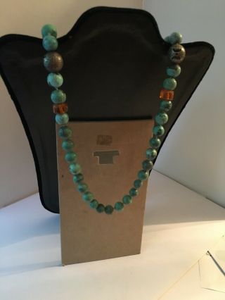 Vtg Hand Carved Light Green Jade Double Foo Dog Pendant Necklace Malachite Beads 8