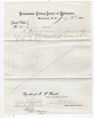1864 Special Order 15 Day Leave Of Absence Granted To Capt Norton