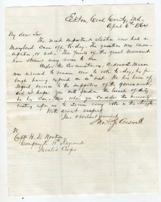 1864 Letter To Capt Norton Soldier Late,  Had To Vote In Maryland Emancipation