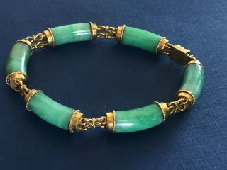 Fine Old Chinese Jade & 18k Gold Bracelet Apple Green