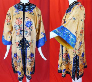 Antique Chinese Apricot Yellow Silk Colorful Embroidered Peony Long Robe Surcoat
